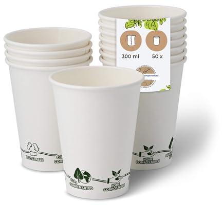 BIOZOYG 50 Stück Kaffeebecher Pappbecher 300ml / 12 oz Ø 90 mm weiß mit Umweltmotiv - Einwegbecher plastikfrei - Becher aus nachhaltiger Forstwirtschaft - Kaffeebecher Einweg