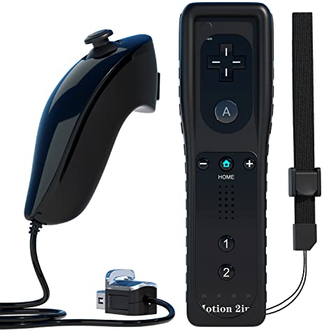 TechKen Control inalámbrico Wii integrado motion plus nunchuck con funda de silicona y correa para la muñeca para Wii y Wii U Negro