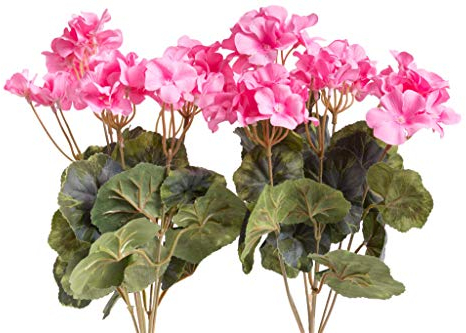 Evergreens künstlicher Geranienbusch mit 7 Stielen und 3 kleinen und 4 größeren Blütenköpfen (2 Stück) (pink)