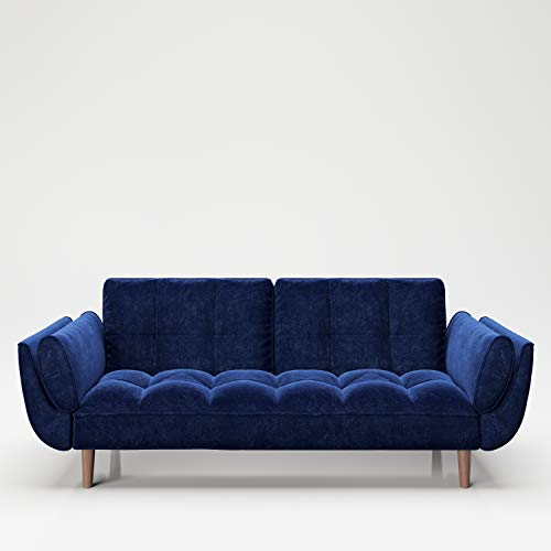 PLAYBOY Sofa mit Bettfunktion, Samtstoff in Blau, stabile Massivholzfüsse, Bettsofa mit verstellbarer Rückenlehne, 2er Sofa, 3er Sofa, Sofabett, 2-Sitzer, 3-Sitzer, Retro-Design, Club-Stil