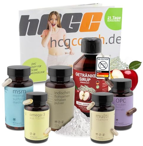 hCGC Stoffwechselkur 21 Tage Basispaket - Omega 3, OPC, MSM, Vitamin Komplex Kapseln, Flohsamen Pulver, zuckerfreier Sirup mit Apfel-Holunder für Energie - Darmkur & Stoffwechselunterstützung
