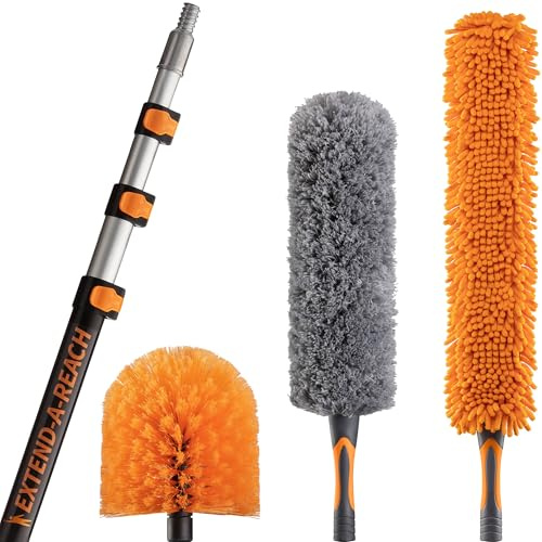 6.1m (20 ft) High Reach Duster Kit with 1.2-3.7m (4-12 ft) Extension Pole // High Ceiling Cleaning Kit with Telescopic Pole, Cobweb Brush, Feather Duster & Ceiling Fan Duster // Ultimate Dusting Kit
