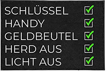 TassenTicker Fußmatte Checkliste Schlüssel Handy Silber Herd Licht Vergessen lustig Indoor Outdoor Waschbar Geschenkidee Deko