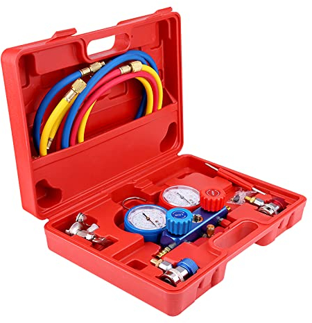 R134a Juego de manómetros para aire acondicionado A/C Manómetros de refrigeración de CA con manguera de carga de 5 pies, conectores y estuche de almacenamiento para sistemas de aire acond