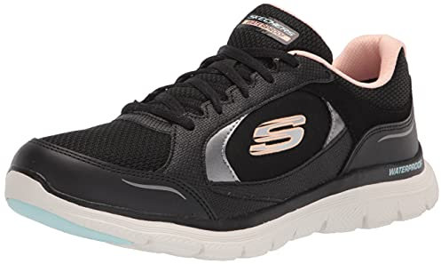 Skechers Femme Flex Appeal 4.0 True Clarity Basket, Cuir Noir PU Maille Bordure Rose Clair, 37 EU