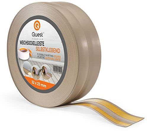 Quest Battiscopa Morbido Adesivo - 32 mm x 23 mm - Listello in PVC, Finitura Flessibile, Profilo Angolare per Cucina, Bagno, Parete, Pavimento - Decorativo (Beige, 10m)