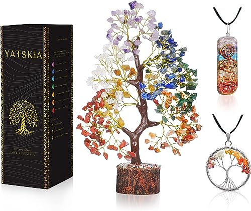 YATSKIA Sieben Chakra Edelstein Baum des Lebens Anh盲nger Gl眉ck Energie Heilende Kristalle und Stein Feng Shui Bonsai Buddha Statue Home Decor Regal Zubeh枚r K眉che Steine B眉ro Clearance Schreibtisch