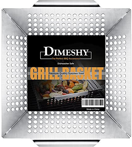 DIMESHY Panier de barbecue robuste en acier inoxydable pour légumes, brochettes, crevettes, 30,5 cm