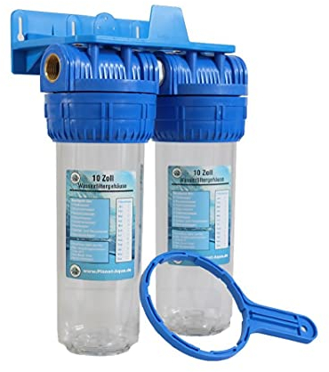 Wasserfilter Gehäuse SET DUO M 2 Stufen Filtergehäuse 10 Zoll x 3/4 Zoll IG-Anschluss Wasser Pumpen Vorfilter Brunnen Hauswasserwerk Garten Haus Trinkwasser Zisterne Pool