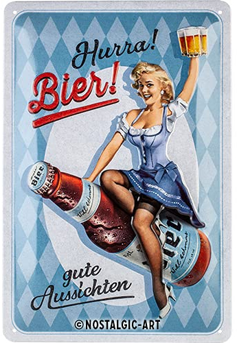 Nostalgic-Art 22335 Retro Cartel de chapa Hurra Cerveza – Idea de regalo como accesorio de bar, de metal, diseño vintage para decoración, 20 x 30 cm