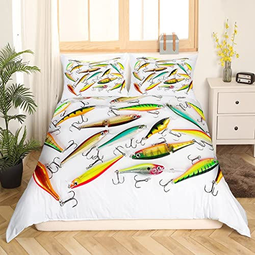 Loussiesd Angeln Bettwäsche Set 135x200cm für Jungen Jugendliche Kind Kinder Jugend Schlafzimmer Angeln Draussen Sport Bettbezug Set Angelhaken Köder Drucken Betten Set Dekor 2St Weich