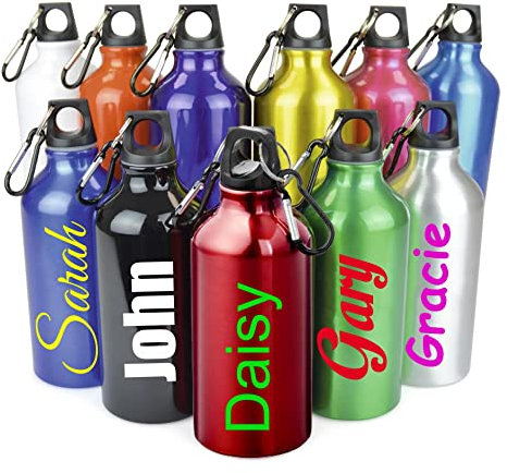 Personalised Custom Children's Metal Water Drink Bottle with Screw Top and Clip - Any Name, Word, Business, Sports, School, Promotional Merchandise