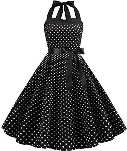 Robe Vintage Années 50 Femme Retro Rockabilly Pin Up Élégante Robes sans Manche Dos Nu Décolleté en Cœur Polka Dot Trapèze Mariage Cocktail Soirée Fête Cérémonie Décontractée au Genou Midi Noir L