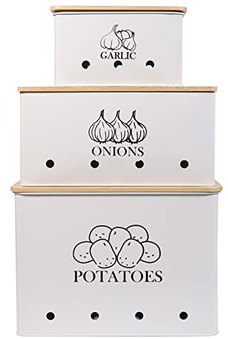 Xbopetda Potato Onion Storage Box, Food Container Sets, Storage Canisters for Vegeatables, Set of 3 Jars Pots Containers, Potato Onion Garlic Bin with Aerating Tin Storage Holes & Wooden Lid-White