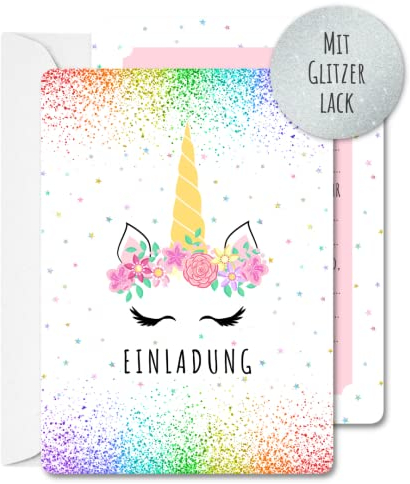 Generisch 12 x Einladungskarten Umschläge für Mädchen, Kindergeburtstag und Party, süße Karten mit Einhorn-Motiv, die Glitzerkarten sind die perfekte Einladung zur Geburtstagsfeier, für echte Einhorn-