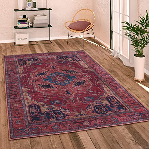 Paco Home Waschbarer Teppich Wohnzimmer Schlafzimmer Vintage Modern Orientalisch Ornament Flachgewebe Bordüre, Grösse:200 cm Rund, Farbe:Rot 3
