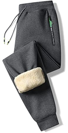 ZOXOZ Jogginghose Herren Baumwolle Sherpa Gefüttert Warme Winter Fleece Traininghose Sporthose Lang mit Reißverschluss Taschen Grau XL