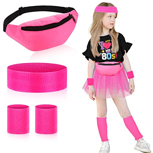 BBTO 5 Pcs 80s Neon Leg Warmers Set for Kids Girls Knit Pink Leg Warmers Fanny Pack Headband Wristbands for Kids Party Costumes (Pink Fanny Pack)