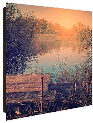 banjado Großer Schlüsselkasten Glas - Schlüsselbox 30x30cm mit 50 Haken - Schlüsselkasten modern für Schlüsselaufbewahrung mit beschreibbarer, magnetischer Glastür - Motiv Bank Am See