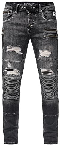 Rusty Neal Herren Biker-Jeans 'Misato' DIE-Absolute-Jeans Slim Fit Stretch Destroyed Biker Zip-Design mit Stylischer Knopfleiste und Kontrast-Naht 241, Farbe:Dark Grey Used, Größe Jeans L32:38W / 32L