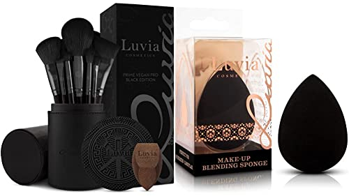 Make-up Pinselset Luvia, Prime Vegan Pro - Schwarz & Rosegold & Luvia Beauty Blender Schwamm - Make-Up Ei - Extra Weicher Blending Sponge - In Zeitlosem Schwarz - Kosmetik Schwämmchen