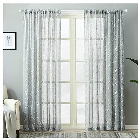 KnSam 2er Set Gardinen Vorhang Deko Grau, Blatt Lichtdurchlässig Schlafzimmer Vorhänge Modern ohne Bohren Kurz Optik Vorhänge für Mädchen Leinen Kinderzimmer, 214x96cm(H x B)