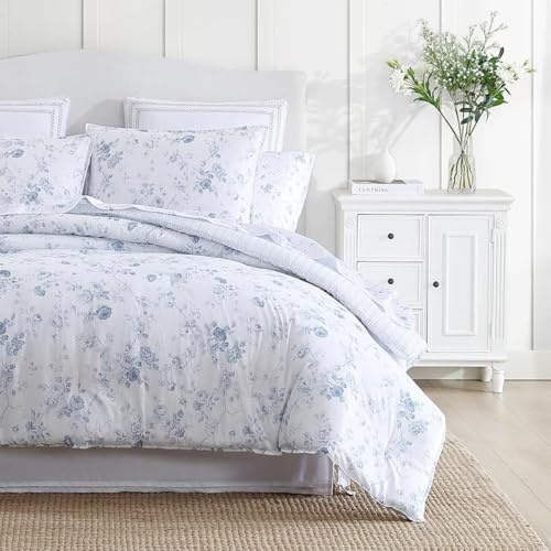 Laura Ashley - Queen Comforter Set, Soft Cotton Bedding with a Medium Weight for Year Round Use, Reversible 3 Piece Bed Set with Matching Pillowcases (Belinda Chambray Blue)