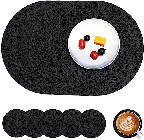 Myir JUN Leather Placemats and Coaster Set of 6, Table Mats Round Waterproof Dual Sided Kitchen Place Mats Coffee Mats Heat Resistant Placemat Non-Slip Washable (set of 6, Black Black)