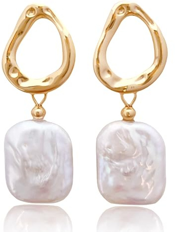 AnnChbpl Baroque pearl earrings for Women cultured white freshwater Pearl hoop square statement 14K Gold plated Drop Dangle Jewelry bridal wedding earrings birthday gift for wife girlfriend