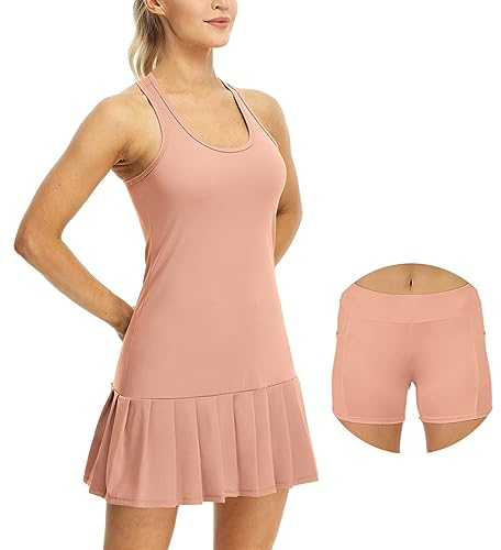 icyzone Damen Tenniskleid mit Shorts Sportkleider Freizeit Golf Falten Kleider Racerback Sportlich Trainingskleid (M, Pale Blush)