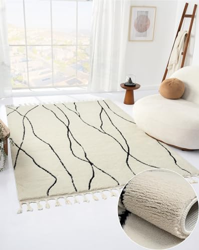MY-RUG Teppich Linnea rechteckig weiß schwarz mit Muster und Linien, Wohnzimmerteppich kurzflor Shaggy, Boho & geometrisch, Schlafzimmer Teppich im Landhaus Stil