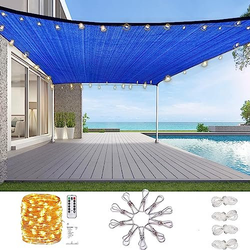 AdeptT Sonnensegel mit LED-Lichtern und kostenlosem Seil, Sonnenschutz, rechteckiger Garten-Sonnenschutz, atmungsaktiver HDPE-UV-Block für Terrassenrasen im Freien, blau,2 * 3m