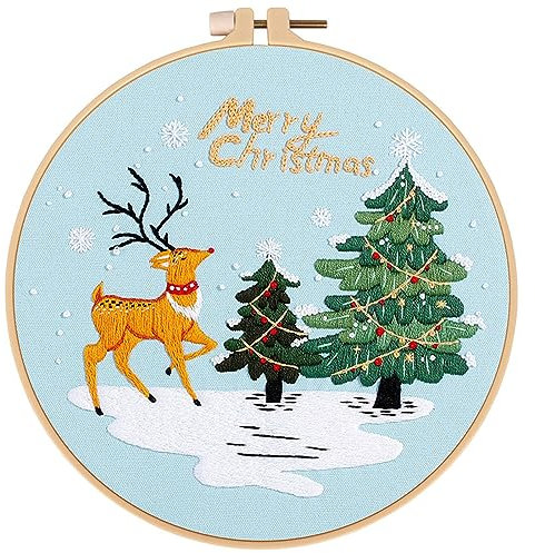 JSRQT Stickerei Stick Starter Kit Weihnachts Rentier Gestempelten Sticksets für DIY Kunst Embroidery Set Kreuzstich Kit Cross Stitch Kit für Anfänger Erwachsene Stickerei Tool Kit Stickset
