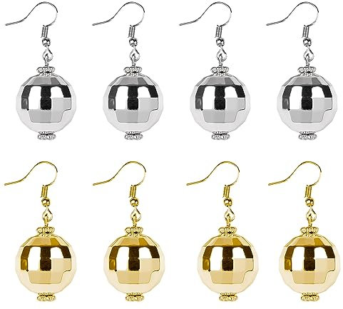 UNVOJL 4 Pairs Disco Ball Earrings Vintage Disco Earring 70s Shiny Earring Golden Silver Disco Ball Earring for Retro Themed Party Fancy Dress