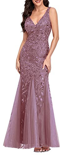 AMDOLE Abito da sera da donna a coda di pesce, ricamato, senza maniche, scollo a V, per matrimonio, damigella d'onore, da sera, lungo fino al pavimento, abito da ballo da ballo, rosa, S