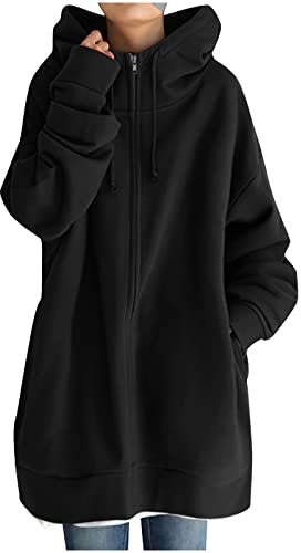 vokkrv Donna Felpe con Cappuccio E Zip Lungo Giacca Oversize Caldo Top Manica Lunga Cardigan con 2 Tasche Autunno Invernali Sweatshirt Cappotto Eleganti Pullover Hoodie Jumper con Coulisse