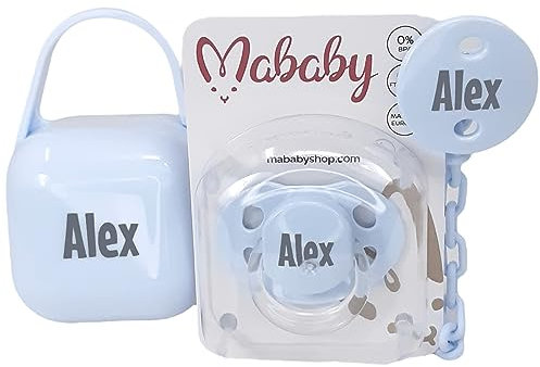 Mababyshop Set Chupete Personalizado Azul con Pinza y Portachupete para Bebé de 0 Personalizado Regalo Recién Nacido Niño (Azul)