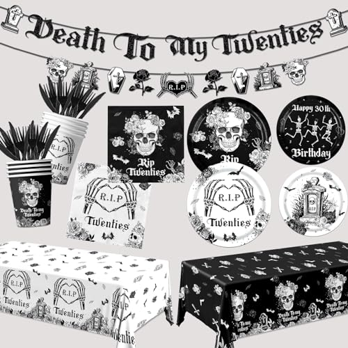 HAKOTI Death to My 20s Tableware Decorations - 30th Birthday Party Supplies, 143Pcs - Rip Twenties Plates, Napkins, Tablecloth, Banner - Black
