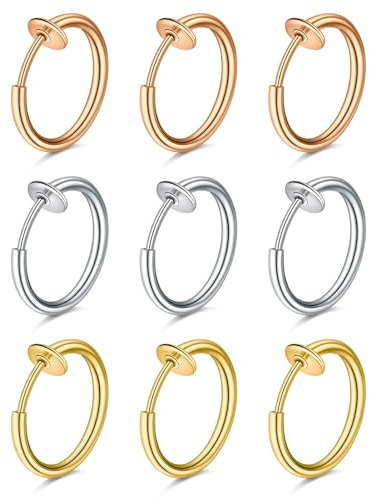 FECTAS 9pcs Faux Anneau Nez Lèvre Boucle d'oreille Cerceau Acier Inoxydable Clip Non Percé Corps Piercing Bijoux