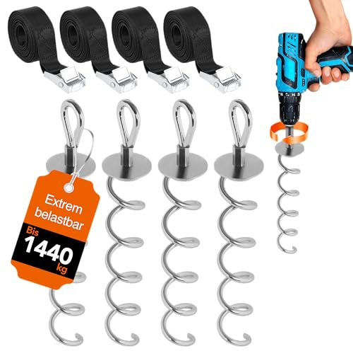 NewHabitat | 4X Erdanker Bodenanker aus Stahl inkl. Gurte | Erdanker Set für Trampolin, Zelt, Pavillion & Schaukel, 9-teiliges Set, 38cm