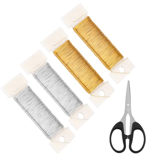 4 Rollen Basteldraht Dünn, 0.3mm x 200m Blumendraht Zum Basteln, DIY Schmuckdraht, Gold Silber Blumendraht Wickeldraht für Handwerk Schmuckherstellung Weihnachtsdeko (50 m/Rolle)