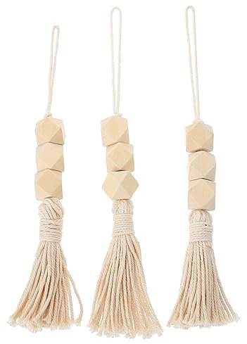 AOKWAWALIY 3 ciondoli rustici stile country, ghirlanda, decorazione per la casa, decorazione per festival, ornamenti con nappe, perline di legno ottagonali, accessori per ghirlanda, filo di cotone