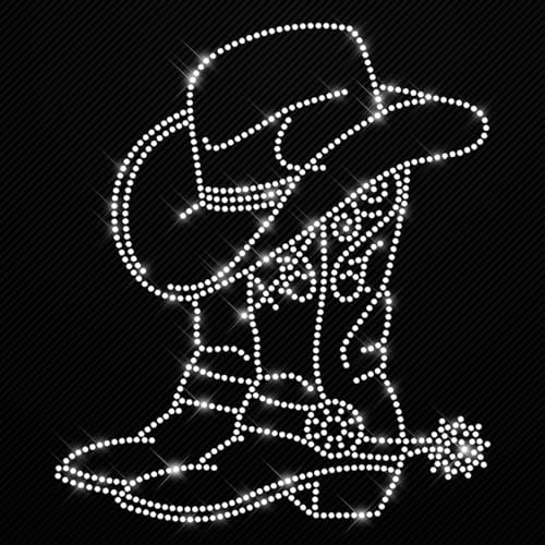 Glitzerdeals Bügelbilder Karneval Strass Cowboystiefel mit Hut Line Dance Aufbügler für Textilien Cowgirl Bügelmotiv Westernreiten Strass Bügelbild Cowgirl