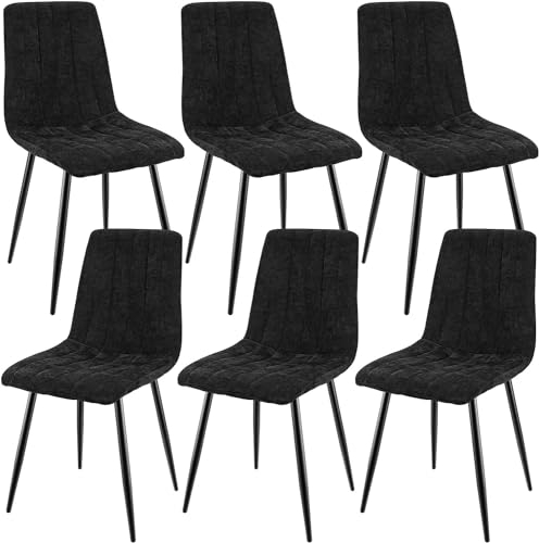 JIJIAN Lot de 6 Chaises de Salle à Manger, Chaises Tapissées en Tissu de Lin et Pieds en Métal Noir, Design Rayé, pour Salle de Séjour Chambre à Coucher Cuisine Salon Réception, Noir