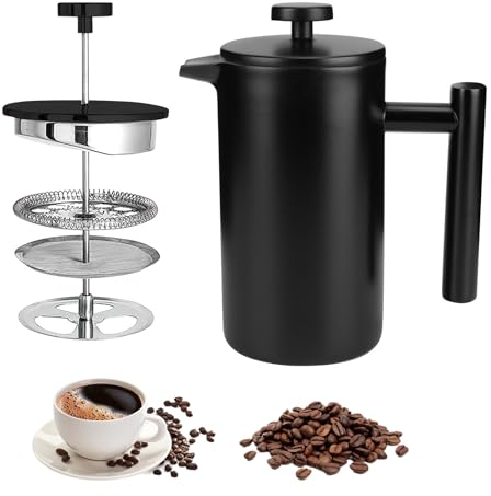 FUOBECIE Cafetière, Stainless Steel French Press Coffee Maker, 3-4 Cup Coffee Press with 3 Level Filtration System, Double-Walled Insulated French Press Caffettiere with Spoon (350ml, Matt Black)