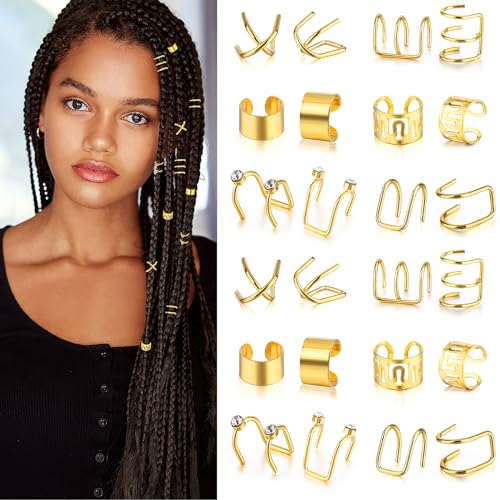 24 Stück Gold-Haarschmuck für Zöpfe,haarringe Dreadlocks Schmuck,Hair Accessories für Zöpfe Loc Schmuck Für Haar Dreadlocks-Zubehör Nicht Durchdringende Ohrclips für Damen und Herren,Styling (Gold)
