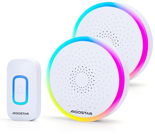 Aigostar funkklingel mit RGB Licht, türklingel funk IP55 Wasserdicht Außen Haustürklingel Set, 5 Lautstärkestufen, 60 Melodien, 150m Reichweite, Plug-in, 1 Klingeltaster & 2 Empfänger, Weiß