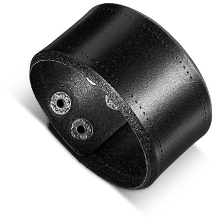 Telooco Gothic Lederarmband Schwarz Punk Armbänder Herren Vintage Breite Wickelarmband Metall Druckknopf Punk Herrenarmband mit Sicherem Verschluss Manschette für Jungen Vater Geschenk