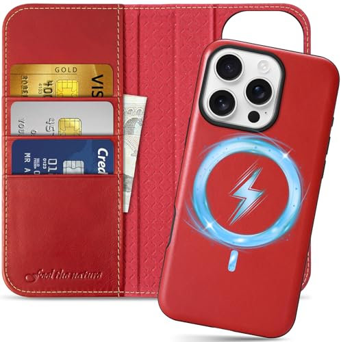 SHIELDON Case for iPhone 16 Pro, Genuine Leather Detachable 2 in 1 Wallet [Wireless Charging][Kickstand][RFID Blocking][Card Holder] Magnetic Protective Case Compatible with iPhone 16 Pro - Retro Red
