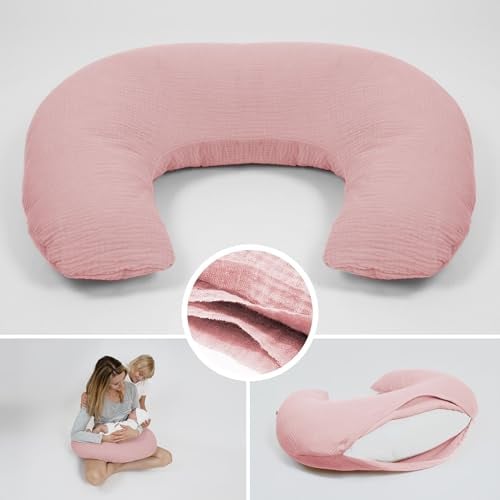 PaLulli® Musselin Stillkissen Stillkissenbezug aus 100% Musselin Baumwolle - Stillkissen für Baby, Stillhörnchen Baby, Stillkissen Atmungsaktiv & Waschbar, Stillkissen (Rosa)